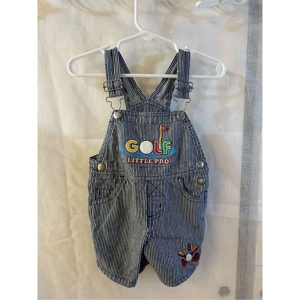 Miniwear little golf pro #18 size 0/3 infant stripes denim overalls